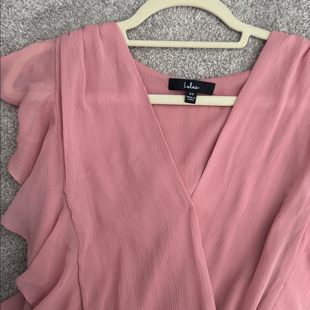Lulus Pretty And Poised Rose Ruffled Short Sleeve Surplice Bodysuit Pink - Picture 7 of 7
